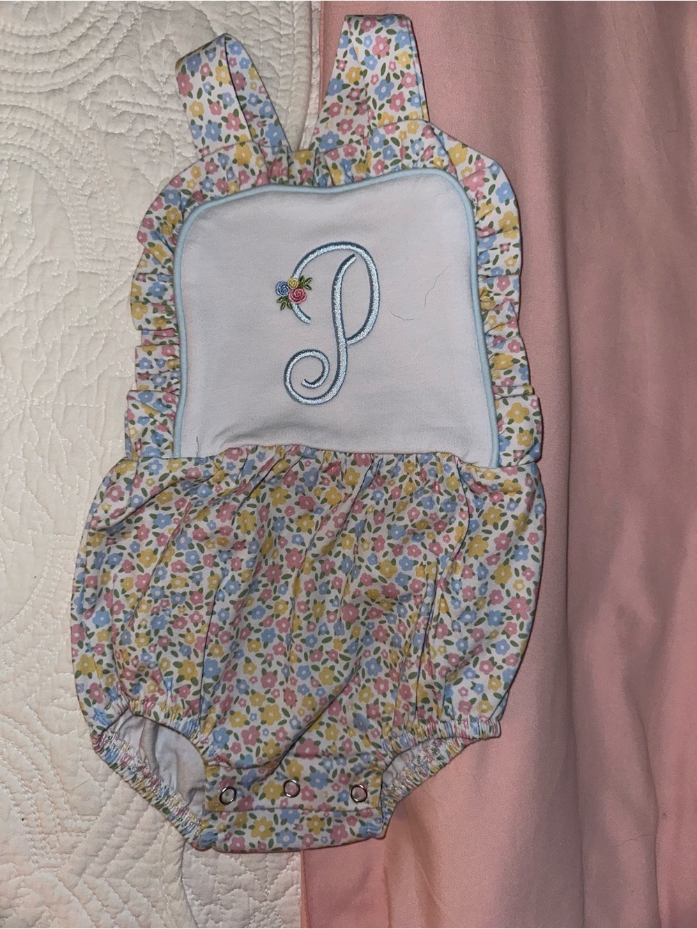Pink Floral Monogram Baby Romper with Ruffle Trim NWOT